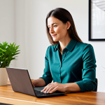 A professional female nutritional advisor, mid-30s, wearing a modest, stylish business casual outfit, fully clothed. She is seated at a minimalist wooden desk in a brightly lit, modern home office, looking at a laptop screen. An open notebook and a healthy green plant are subtly visible on the desk. The scene emphasizes continuous learning and digital engagement. Perfect anatomy, correct proportions, natural pose, well-formed hands, proper finger count, natural body proportions, professional photography, high resolution, safe for work, appropriate content, family-friendly, professional dress.