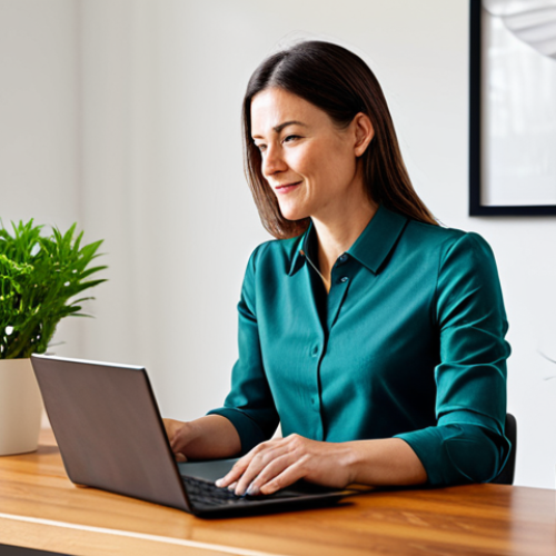 Home 18 A professional female nutritional advisor, mid-30s, wearing a modest, stylish business casual outfit, fully clothed. She is seated at a minimalist wooden desk in a brightly lit, modern home office, looking at a laptop screen. An open notebook and a healthy green plant are subtly visible on the desk. The scene emphasizes continuous learning and digital engagement. Perfect anatomy, correct proportions, natural pose, well-formed hands, proper finger count, natural body proportions, professional photography, high resolution, safe for work, appropriate content, family-friendly, professional dress.