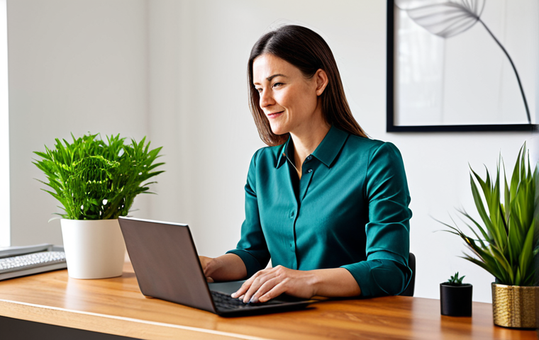 A professional female nutritional advisor, mid-30s, wearing a modest, stylish business casual outfit, fully clothed. She is seated at a minimalist wooden desk in a brightly lit, modern home office, looking at a laptop screen. An open notebook and a healthy green plant are subtly visible on the desk. The scene emphasizes continuous learning and digital engagement. Perfect anatomy, correct proportions, natural pose, well-formed hands, proper finger count, natural body proportions, professional photography, high resolution, safe for work, appropriate content, family-friendly, professional dress.