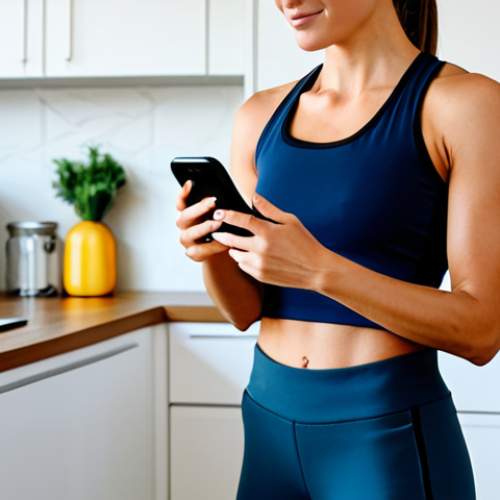 Home 11 Nutrition App in Use**
A woman in workout clothes, fully clothed, holding a smartphone displaying a nutrition tracking app. She is in a bright, modern kitchen, preparing a healthy meal. The app interface is visible and shows calorie and macronutrient information. Perfect anatomy, correct proportions, natural pose, well-formed hands, safe for work, appropriate content, modest, professional.
**