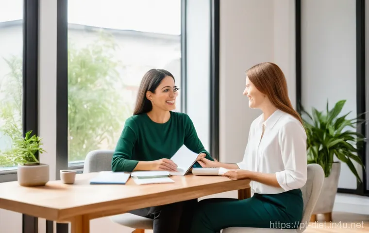 다이어트 지도사 직무 인터뷰 경험 공유 - **Prompt:** A compassionate female wellness coach, in her late 30s to early 40s, with a warm and inv...