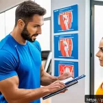 다이어트 프로그램 지도사 실기시험 체크리스트 - A professional fitness instructor conducting a practical exam for a weight loss program in a bright,...