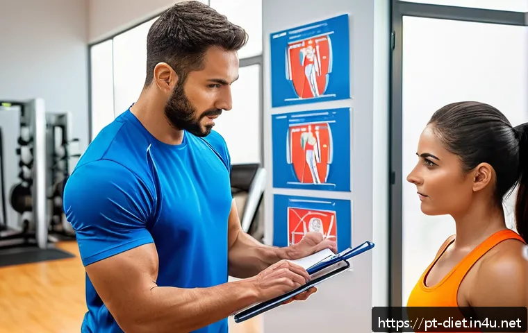 다이어트 프로그램 지도사 실기시험 체크리스트 - A professional fitness instructor conducting a practical exam for a weight loss program in a bright,...