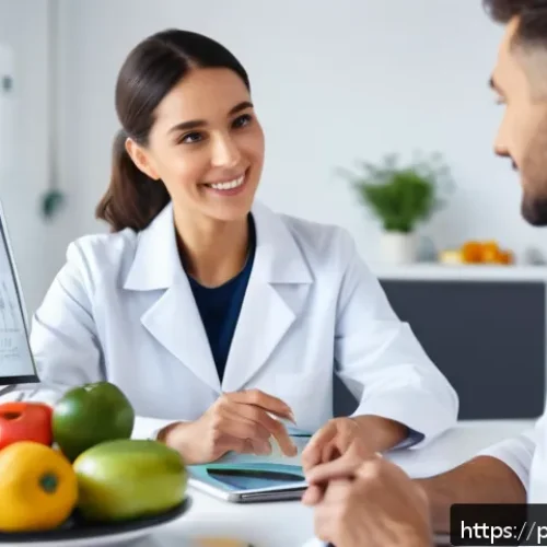 다이어트 지도사 취업을 위한 자기소개서 작성법 - A professional nutritionist in a modern clinic setting, wearing a neat white lab coat over modest bu...