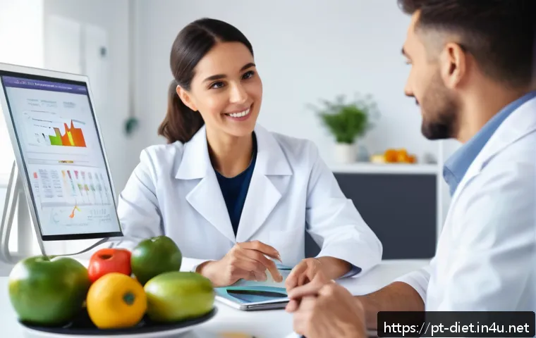 다이어트 지도사 취업을 위한 자기소개서 작성법 - A professional nutritionist in a modern clinic setting, wearing a neat white lab coat over modest bu...